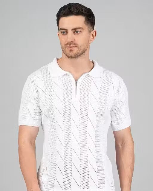 Men’s Textured Knit Polo T-Shirt with Zip
